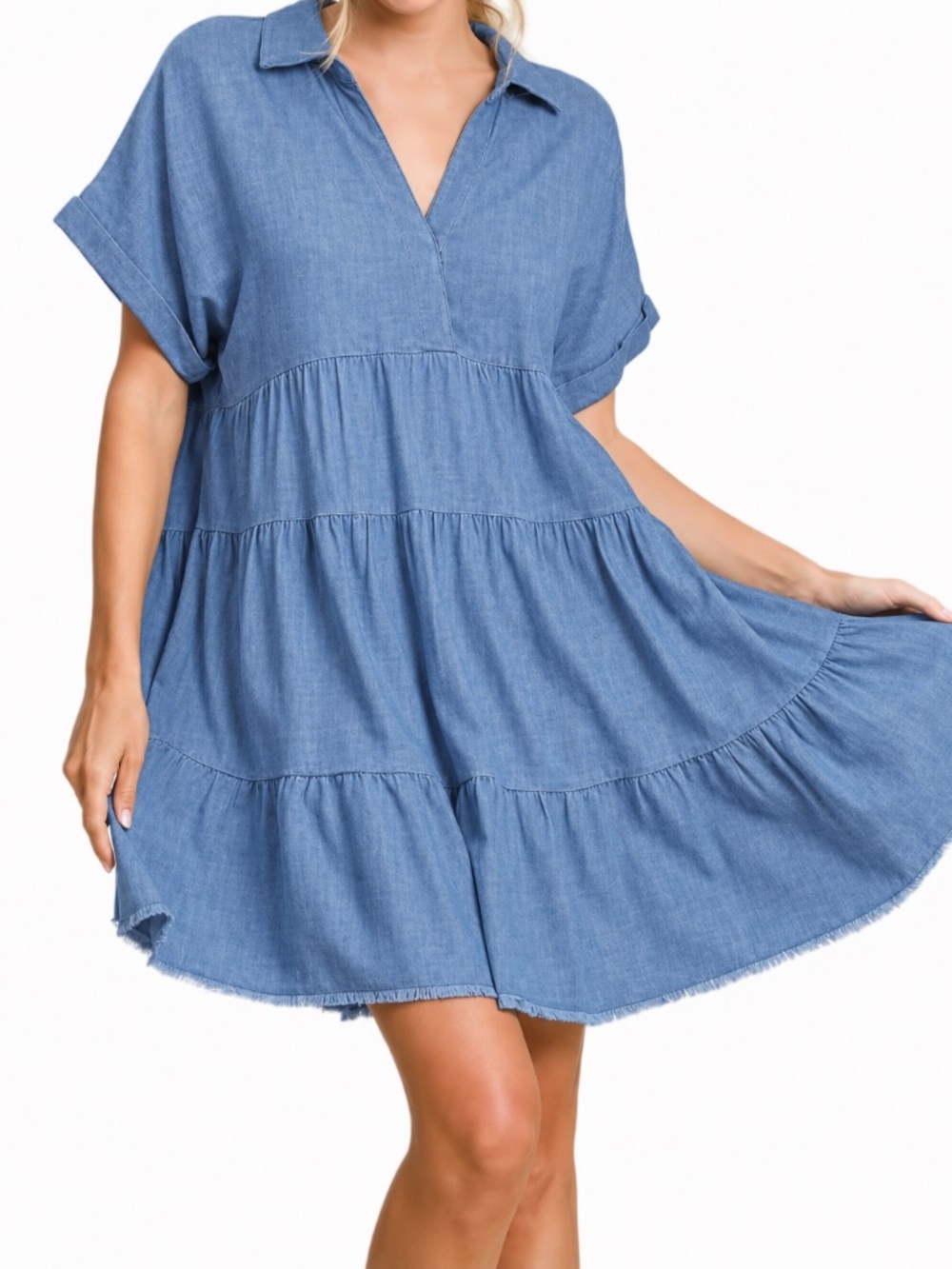 Umgee Linen Folded Sleeve Tiered Dress, Size Small, Color Blue NWOT